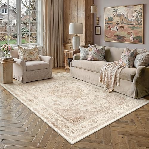 4x5 Beige Washable Area Rug Non Slip Vintage Carpet by WondRg