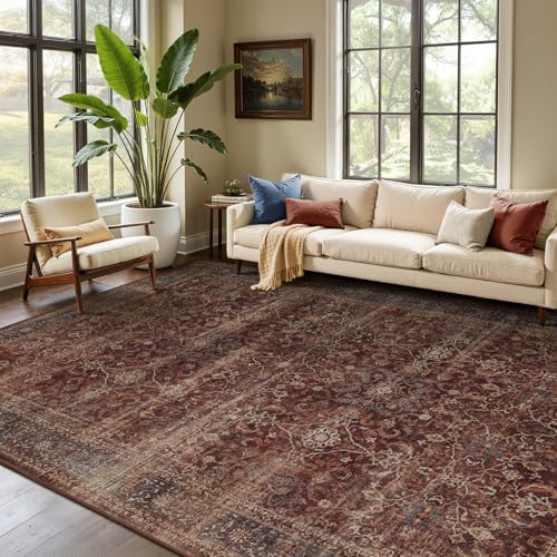 Brick Red 7x10 Rugs for Living Room, Vintage Farmhouse Dark Area Rug for Bedroom Dining Room, Low Pile Thin Print Washable Non Slip Room Carpet Rug for Home Office Family Room Guest Room by Jainmy