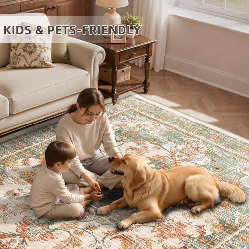2x6 Boho Washable Runner Area Rugs, Non Slip Carpets, Green Orange Beige - Image 2