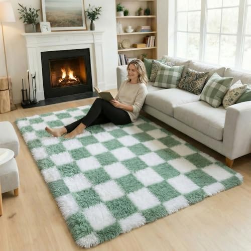 KICMOR 4x6 Rug for Bedroom Living Room, Fluffy Sage Green and White Checkered Area Rugs, Fuzzy Shag Shaggy Floor Carpet Soft Plush Checkerboard Rug for Children Kids Boys Room, Nursery, Classroom by KICMOR