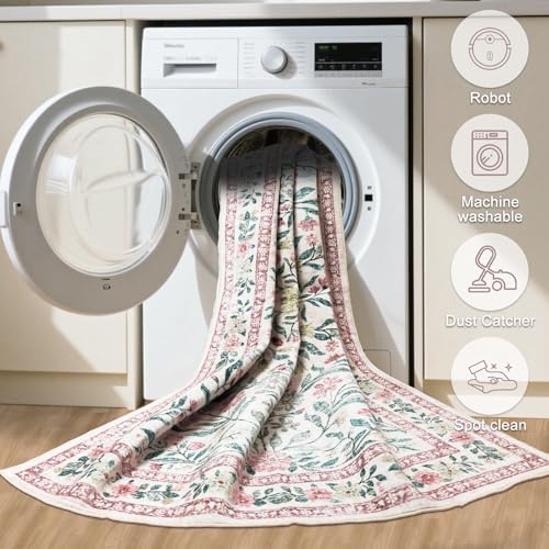 PLHXFR Round Area Rug Living Room: 4 ft Floral Washable Carpet Pink Green - Image 7