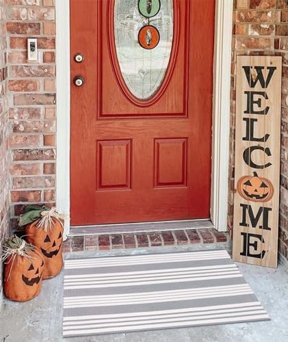 Grey and White Outdoor Doormat 24"x35"Cotton Washable Striped Outdoor Rug - Image 6