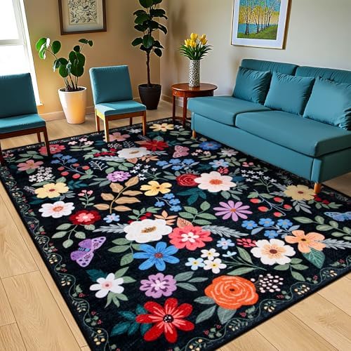 PLHXFR Area Rug 9x12 Living Room: Floral Washable Boho Soft Carpet Black - Image 2