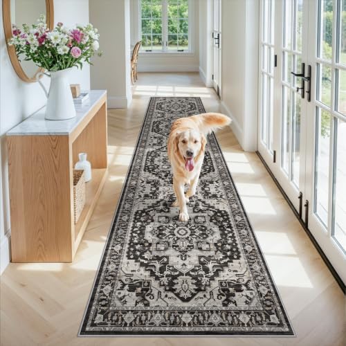 Washable 2'6x12 Hallway Runner Rug: Non-Slip Long Boho Kitchen Rugs Entryway Rug Runner Soft Low Pile Carpet Indoor Vintage Floor Mat for Bedroom Bathroom Laundry (Black/Beige/Grey,2'6''x12') by RUUGME