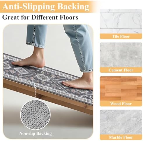 HEBE Boho Kitchen Rugs Set of 2, Non Slip Washable Kitchen Mats for Floor - Image 4
