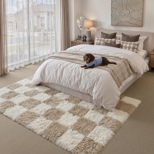 PureCozy Beige 5x8 Area Rug for Living Room Soft Checkered Shag Carpet - Image 3