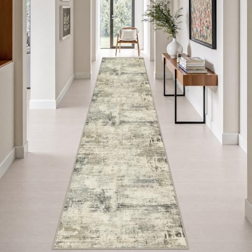 2.6x14 Washable Runner Rug:Modern Abstract Soft Carpet Ash Brown by FXRHLP