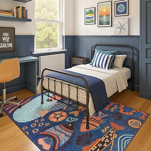 jinchan 5x7 Coastal Area Rug Kids Washable Fun Rug Colorful Ocean Fish Indoor Floor Cover Non Slip Lightweight Soft Cozy Carpet for Bedroom Nursery Playroom Daycare Living Room, Blue - Image 2