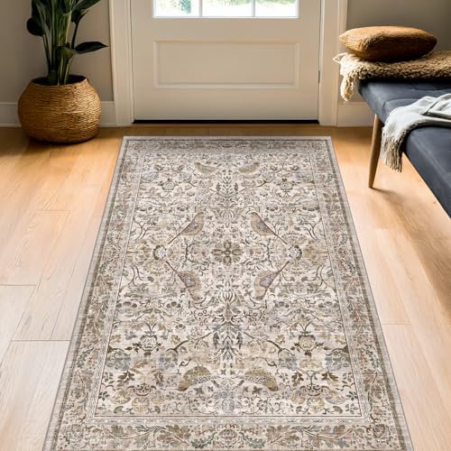 Washable 3x5 Moss Large Entryway Rugs - Low Pile Soft Boho Area Rug for Bedroom Beside Bed, Laundry, Non Slip Floral Kitchen Mat for Floor, Vintage Botanical Design Stain Resistant Carpet - Image 3