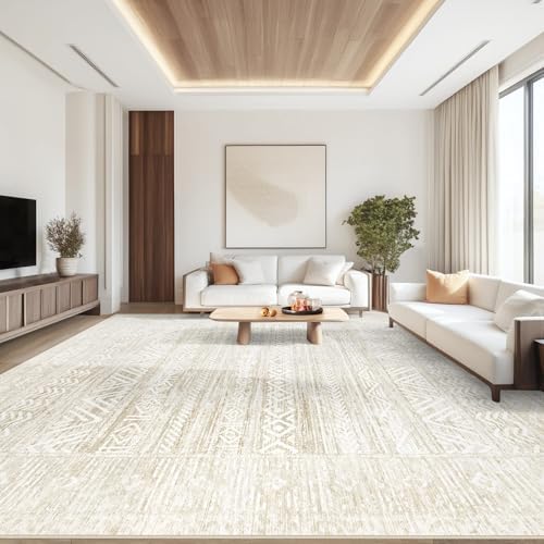 10x12 Area Rugs for Living Room: Washable Moroccan Geometric Boho Rug Farmhouse Non Slip Stain Resistant Large Rug Low Pile Soft Carpet for Bedroom Dining Room Children Room (Ivory Beige,10'x12') - Image 3