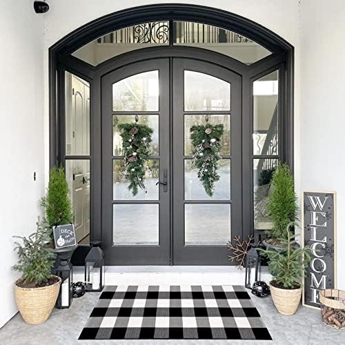 SEEKSEE Fall Decor Buffalo Plaid Outdoor Rug 24x52 Black and White Front Door Mat, Layering Rug for Porch, Washable Doormat, Cotton Area Rug for Outdoor Entrance Entryway Patio Porch Decor - Image 5