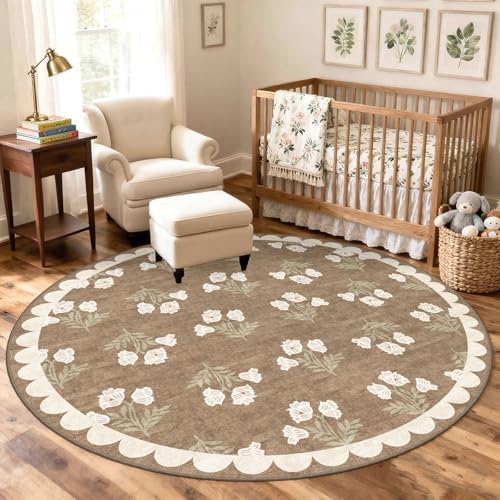 Tan Neutral Round Rug 5ft, Washable Floral Boho Scalloped Rug - Image 6