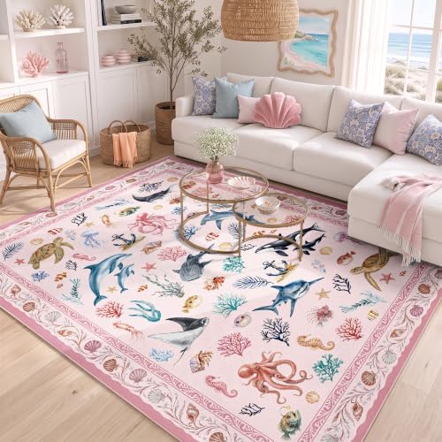 Arenarug 8x10 Kids Playroom Rug Washable Coastal Nursery Rug, Blush Pink - Image 2