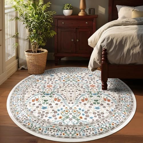 GarveeHome Beige Ivory Floral 4 ft Round Rug Washable Non-Slip Soft Low Pile Small Circle Carpet Vintage Rugs for Kitchen Bedroom Nursery Dining Living Room - Image 4