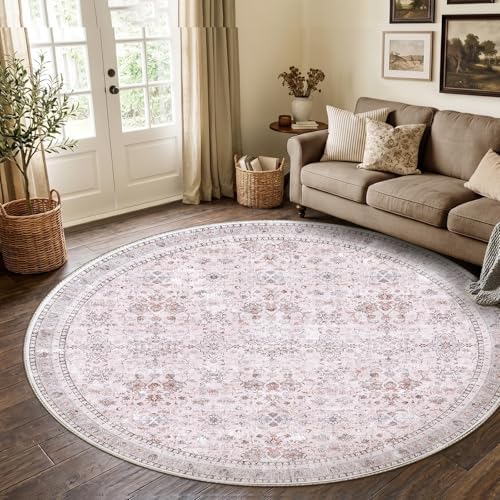 Sasttie Round Rug 8ft, Ultra-Soft Washable Rug for Living Room, Pink by SASTTIE