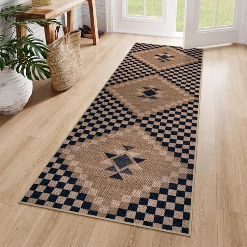 LIVEBOX Easy Jute Runner Rug for Entryway, 2x6 Runner Rug Kitchen Rugs Non Slip, Washable Black Checkered Indoor Runner Rugs for Laundry Room Bedroom, Carpet Runners for Hallway 6ft by LIVEBOX