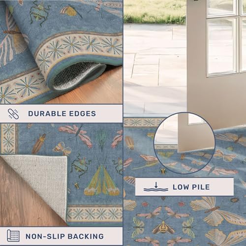 Hazo Haus 2x7 Washable Bedroom Runner Rug, Blue Boho Non Slip Rug for Kitchen, Bathroom, Laundry Room & Hallway, Rubber Backed Insect Print Runner Carpet - Image 4