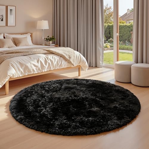 Black Round Fluffy Rug 6ft Plush Fuzzy Shaggy Carpet - Image 2