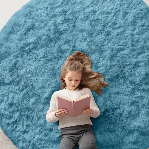 OLANLY Slate Blue Round Rugs for Bedroom - Machine Washable, 6 ft Circle Area Rugs for Living Room, Soft and Fluffy Shaggy Carpet for Teen Girl and Boys, Nursery Rooms, Dorms, Home Decor Aesthetic by OLANLY