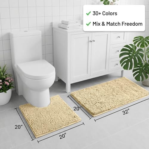 Bathroom Rugs Sets 2 Piece,Super Absorbent Chenille Bath Mats and U-Shaped Toilet Rug,Strong PVC Non Slip Backing,Microfiber Washable Dry Quickly Bath Mats for Bathroom(20"x32"+20"x20"U, Camel) - Image 2
