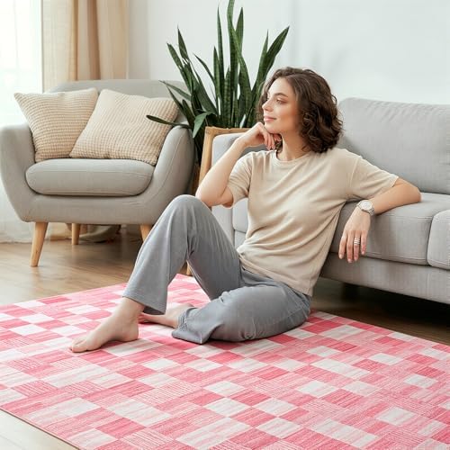 Terrug Pink and White Checkered Rug for Bedroom, 4x6 Washable Area Rugs - Image 4