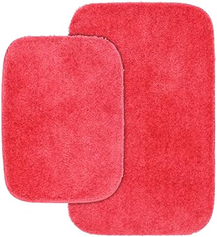 Garland Rug Traditional Nylon Washable Pink Hibiscus 2 Bath Rugs (17" X 24", 21" X 34") - Soft, Absorbent, and Stylish for Your Bathroom by Garland+Rug