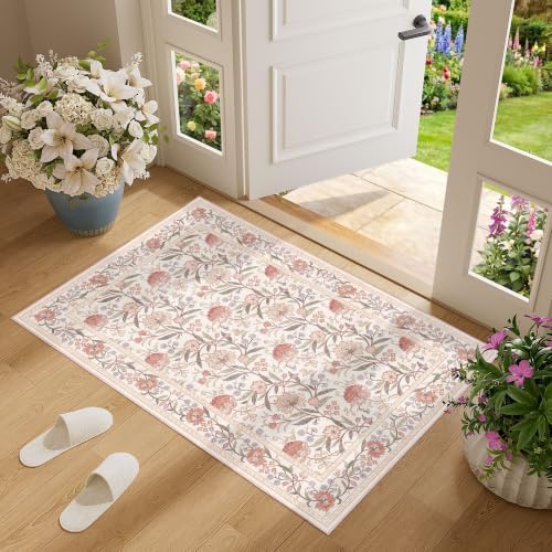 DUKINO 2x3 Rug, Washable Vintage Floral Bathroom Rugs Non Slip, Beige Pink - Image 3