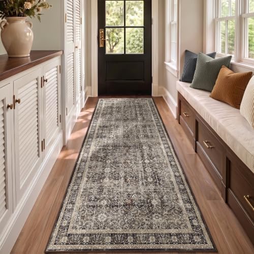 Washable Hallway Runner Rug 3'x8', Vintage MCM, Black/Brown/Beige by Jainmy