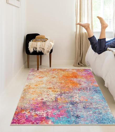 Lahome Modern Abstract Area Rug - 4x6 Colorful Living Room Rug Soft Bedroom Rug Washable Entryway Mat, Rainbow Non Slip Indoor Floor Throw Carpet for Basement Apartment Playroom Office - Image 3