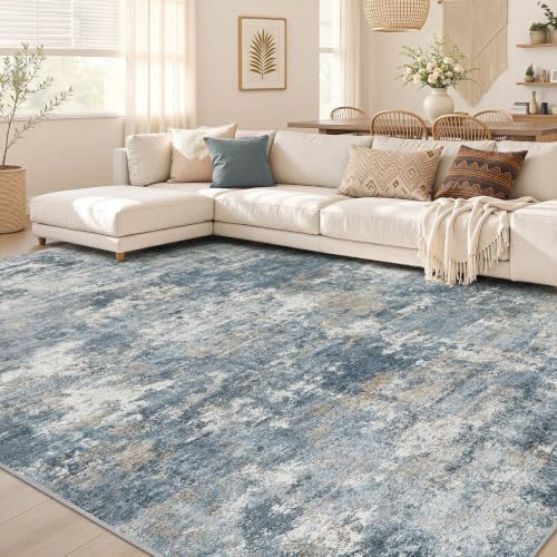 Nakagishi 9x12 Area Rugs Living Room: Washable Abstract Large Neutral Soft Rug Stain Resistant Modern Indoor Floor Non-Slip Carpet for Bedroom Nursery Kids Playroom Office Dining Room Dorm-Blue Brown by NakagishiAreaRug