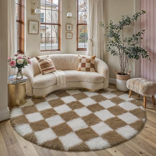 PureCozy Brown Round Rug 5ft for Bedroom Soft Fluffy Checkered Shag Carpet - Image 3