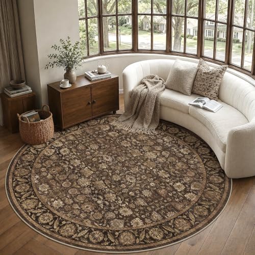 Washable 6ft Round Living Room Non-Slip Rug Retro Brown Throw Carpet by HOME