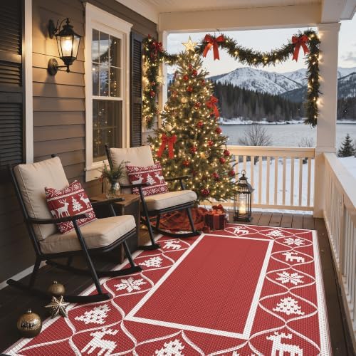 GENIMO Outdoor Rug, Waterproof Plastic Rugs for Patio, 6'x9' Lvory Red - Image 4