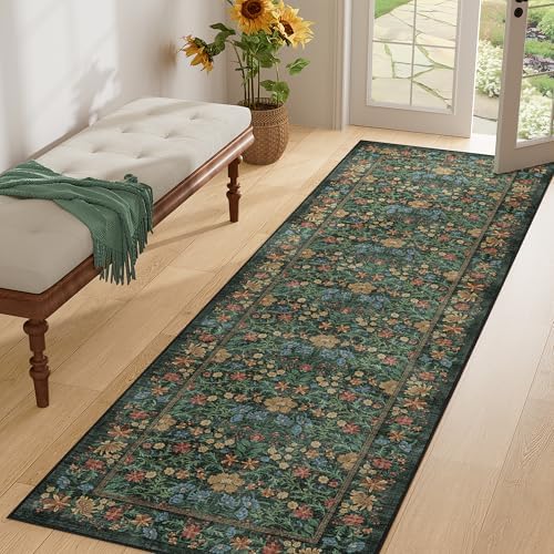 DUKINO 2x6 Runner Rug, Washable Vintage Floral Kitchen Rug, Green - Image 5