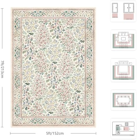 5x7 Area Rugs, Vintage Washable Rug for Bedroom, Indoor Non-Slip Rugs for Living Room, Dining Room, Low Pile Home Decor Floral Rug(Pink Floral) - Image 2