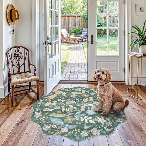 4ft Scalloped Small Round Rug: Non-Slip Washable Floral Circle Rug Green by BYYVOORugsforYourHome
