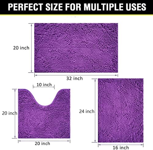 Bathroom Rugs Chenille 3-Piece Extra Soft and Absorbent Shag Bathroom Rugs, Machine Wash Mat, Strong PVC Non-Slip Underside, Plush Carpet Mats (Violet) - Image 2