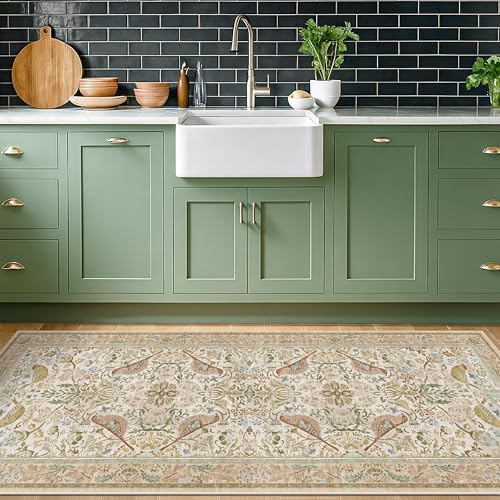 Hazo Haus Boho Bathroom Runner Rug 2x5 - Floral & Bird Runner Rug for Kitchen Floor, Hallway, Laundry Room, Bedroom, Entrance, Beige Neutral Vintage Decor, Washable Non Slip Low Pile - Image 3