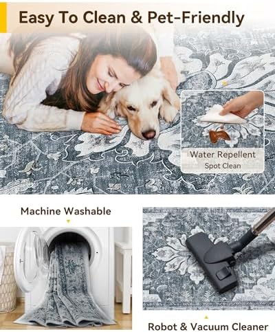 RELEANY Washable Area Rug, Square 4'x4', Grey/White/Beige - Image 3