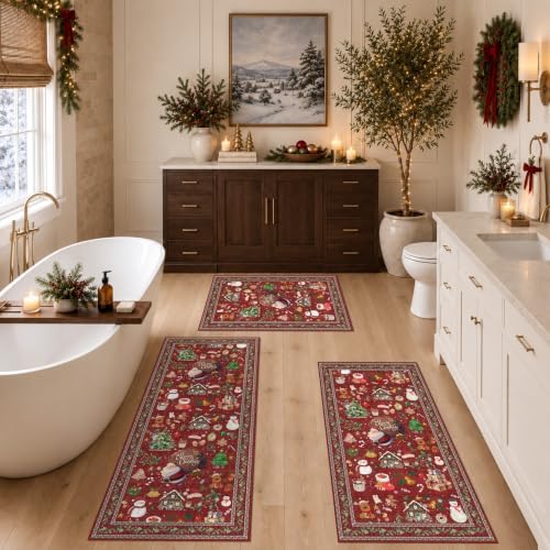 Christmas Kitchen Rugs Sets of 3: Non-Slip Washable Kitchen Mat Holiday Runner Rug for Sink,Entryway,Hallway - Soft Low Pile Carpet Runner for Housewarming(Christmas Red,2x3+2x4+2x5) - Image 7
