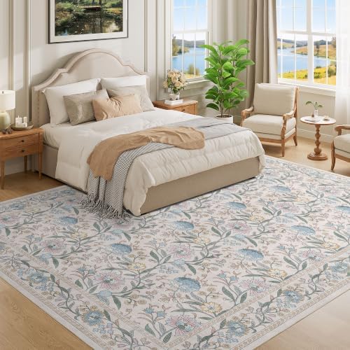 DUKINO 9x12 Area Rug for Living Room Vintage Floral Washable Rug Cream Blue - Image 3