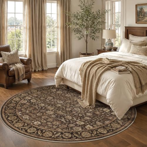 Washable 6ft Round Living Room Non-Slip Rug Retro Brown Throw Carpet - Image 4
