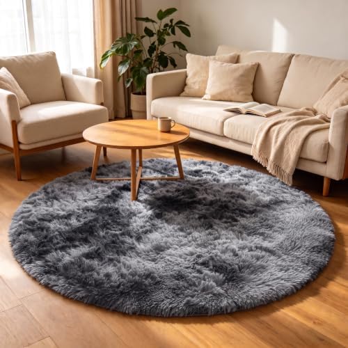 ONASAR Tie-Dyed Dark Grey Round Area Rugs 5ft, Ultra Soft Bedroom Circle Rug for Kids Girls Teen Room, Fluffy Plush Shaggy Carpet Floor Mats for Baby Nursery Living Room Playroom Home Decor by ONASAR