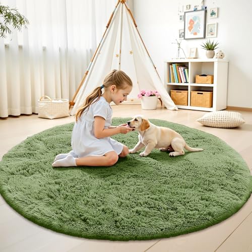 OLANLY Green Round Rugs for Bedroom - Machine Washable, 6 ft Circle Area Rugs for Living Room, Soft and Fluffy Shaggy Carpet for Teen Girl and Boys, Nursery Rooms, Dorms, Home Decor Aesthetic - Image 2
