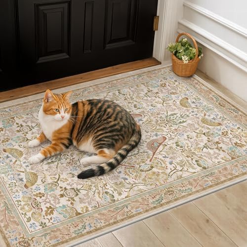 Large Entryway Rugs Indoor - Beige 3x5 Washable Rugs for Kitchen Bedroom Beside Bed Door Mat Indoor Entrance with Light Beige Woodland Flowers, Non Slip Stain Resistant Low Pile - Image 3