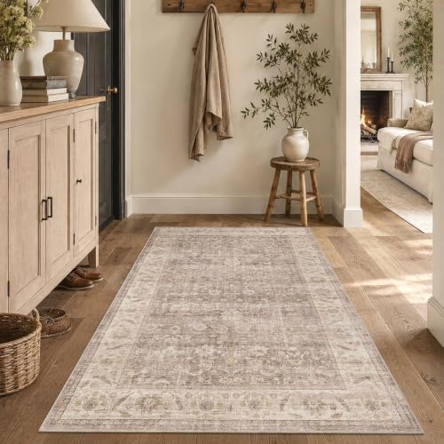 Washable 3x5 Entryway Non-Slip Area Rug Boho Light Taupe Throw Carpet by HOME