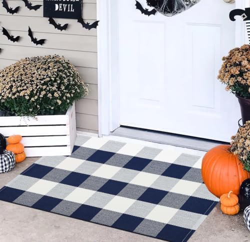 Fall Front Door Mat Outdoor 24"x35"Blue and White Buffalo Plaid Outdoor Rug - Image 7
