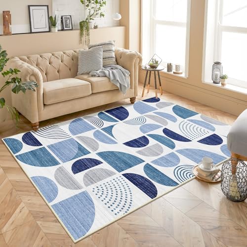 MUJOO Blue Rug Boho Washable,4x6.5 Area Rugs for Bedroom Entryway Living Room Bedside,Small Throw Floor Carpet Non Slip Soft Indoor Modern Abstract Navy Blue - Image 2