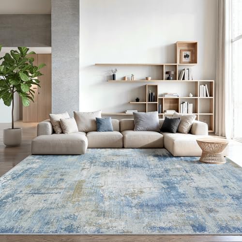 Amada Washable 10'x14' Abstract Area Rug for Living Room Light Blue by AMADAHOMEFURNISHING