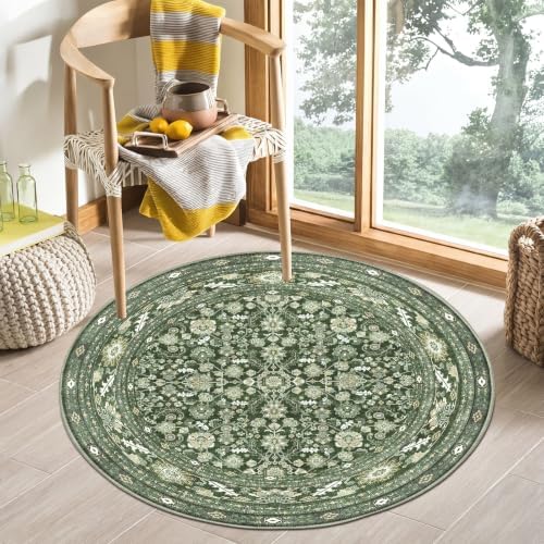 OPPODREAM Vintage Dark Green Area Rugs 3' Round, Washable Rug for Living Room by OPPODREAM